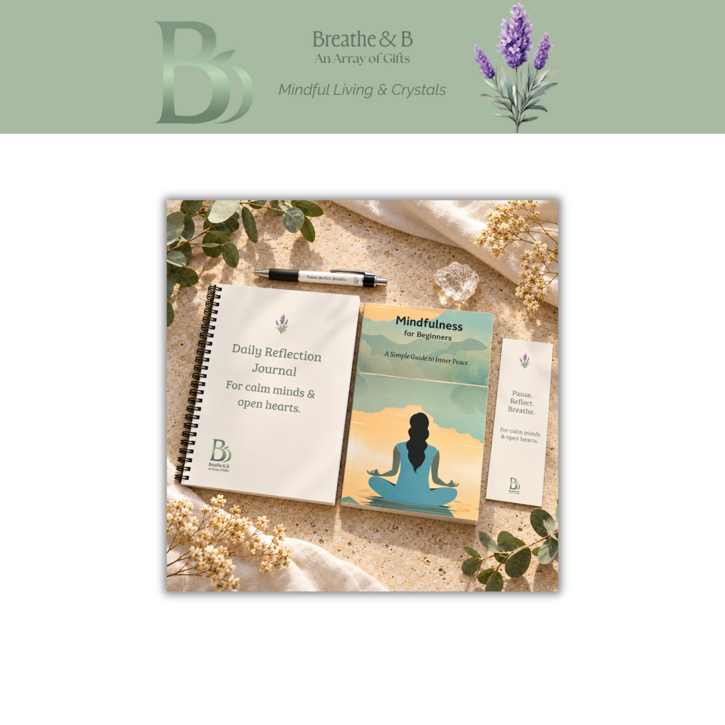 Mindfulness gift set with Mindfulness for Beginners book, A5 Daily Reflection Journal, Pause Reflect Breathe pen, matching bookmark and raw clear quartz cluster with Breathe & B branding.