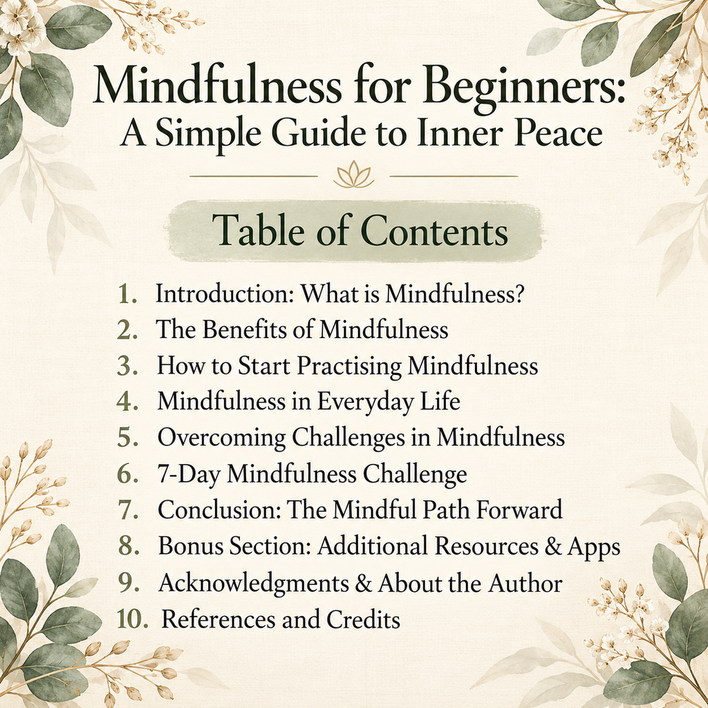Table of contents for the Mindfulness for Beginners book showing ten sections, including practices, benefits and a seven-day challenge.