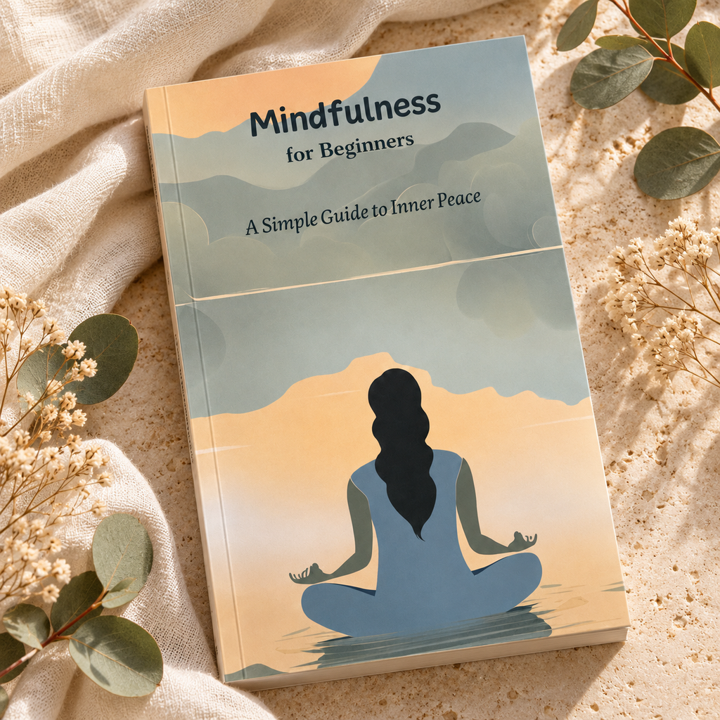 A book titled 'Mindfulness for Beginners: A Simple Guide to Inner Peace' lies on a textured beige surface surrounded by soft cream fabric, dried flowers, and green leaves. The cover shows a person meditating in lotus position against a soft blue and peach sky-and-water illustration.