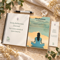 Mindfulness gift set with Mindfulness for Beginners book, A5 Daily Reflection Journal, Pause Reflect Breathe pen, matching bookmark and raw clear quartz cluster.