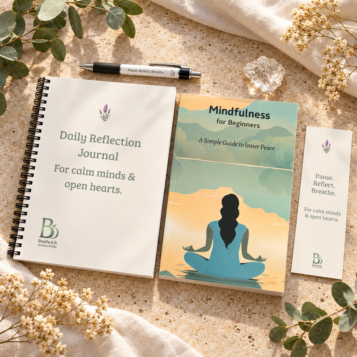 Mindfulness gift set with Mindfulness for Beginners book, A5 Daily Reflection Journal, Pause Reflect Breathe pen, matching bookmark and raw clear quartz cluster.