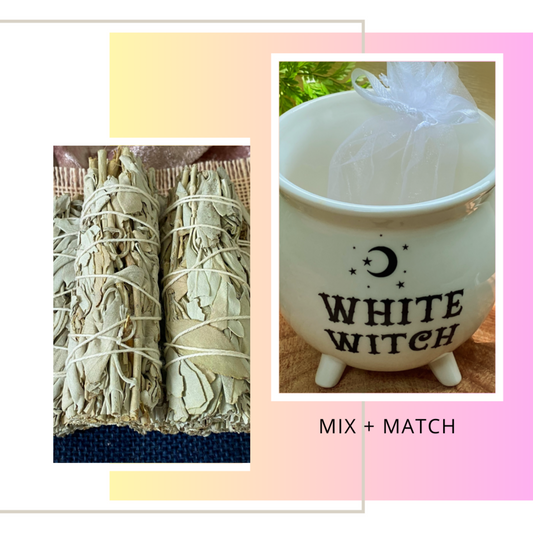 White Witch Mug, Rose Quartz Chip Bracelet, Rose Quartz Cluster, Rose Quartz Tumble Stone and Sage smudge stick