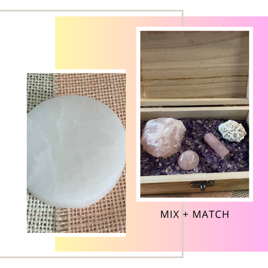 Mix + Match - selenite Plate, rose quartz crystals and wooden treasure chest