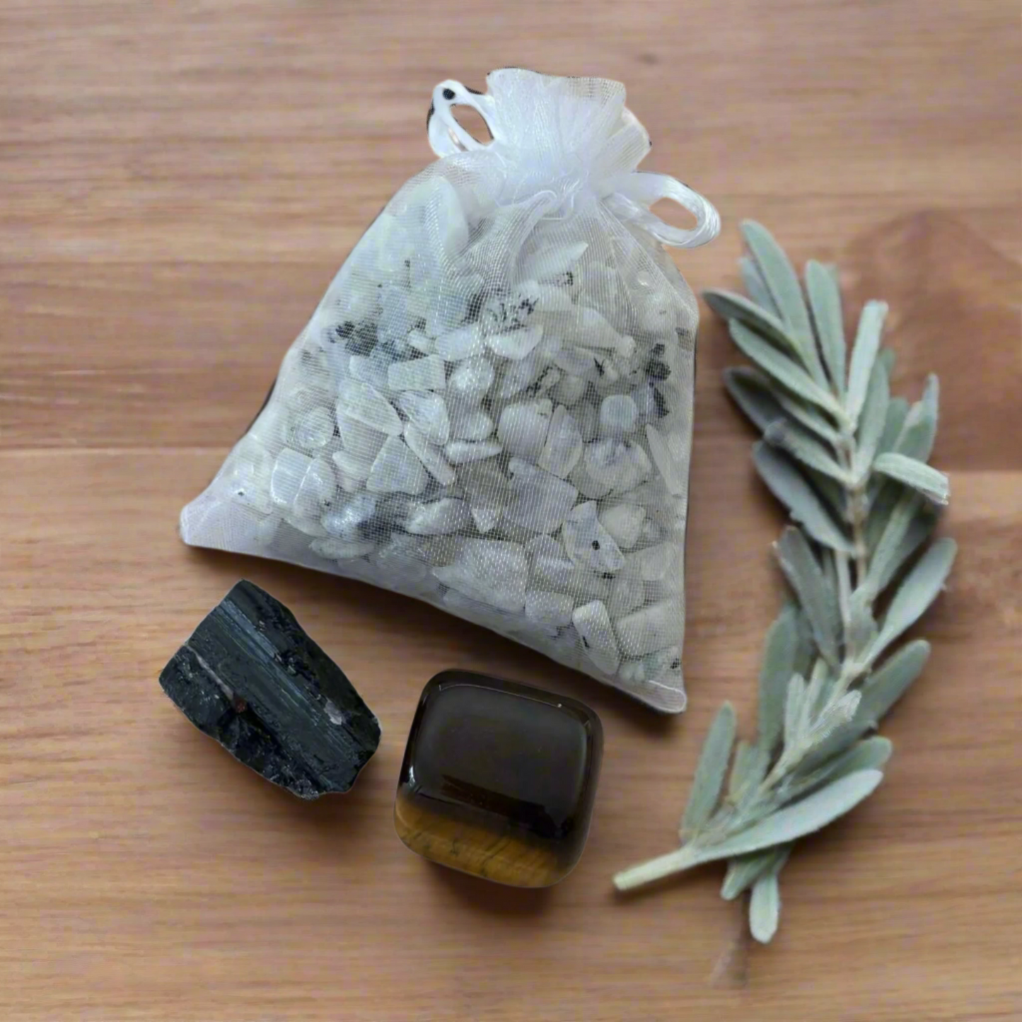 Moonstone Crystal Chips, Black Tourmaline and Tiger's Eye Tumble Stone