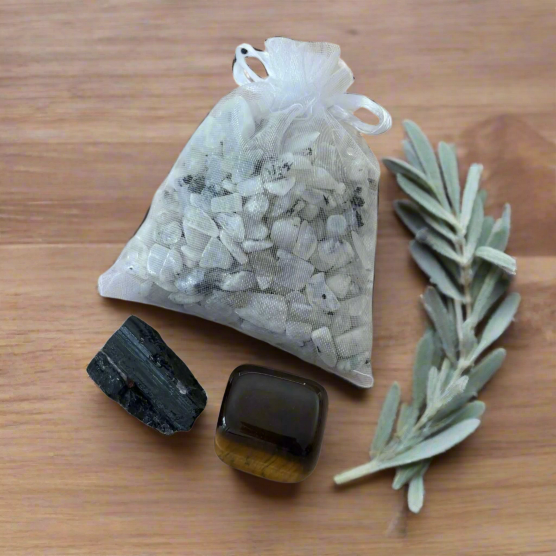 Moonstone Crystal Chips, Black Tourmaline and Tiger's Eye Tumble Stone
