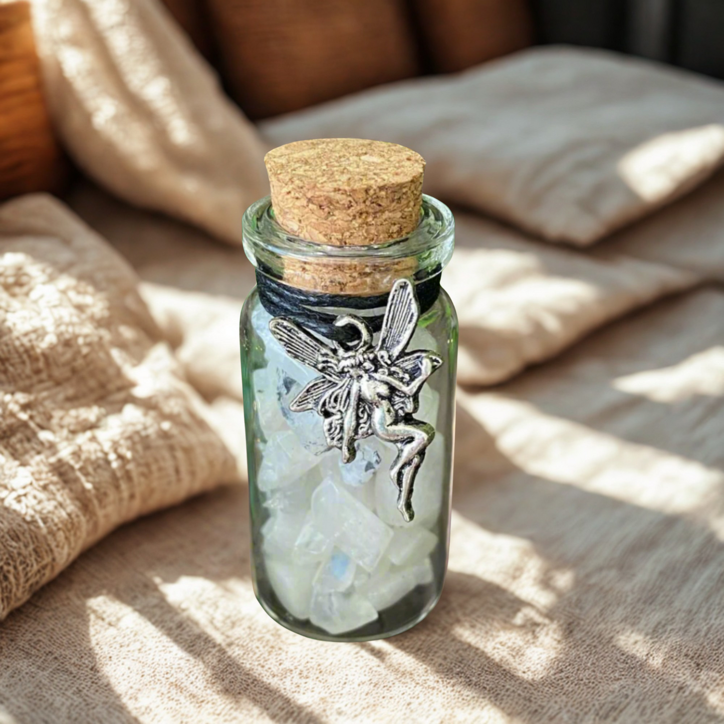 Glass bottle with cork lid containing moonstone crystal chips with a silver fairy charm on a textured surface