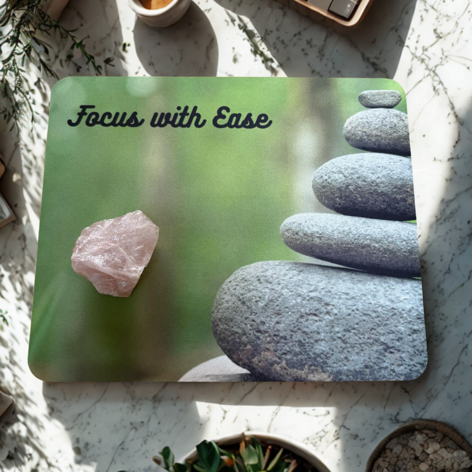 Mouse ad with balancing stones and a rose quartz  crystal on a marble surface