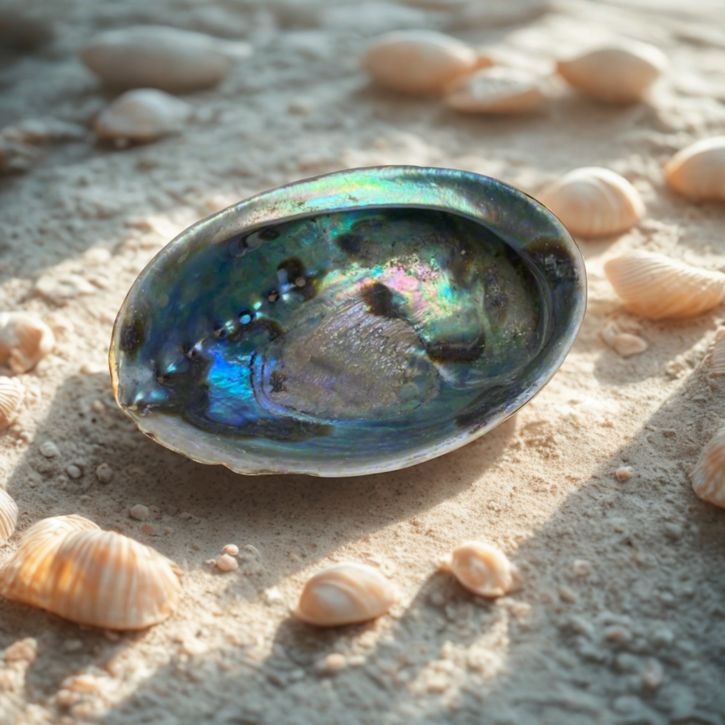 Natural abalone shell smudging bowl with iridescent blue green and purple tones, on a sand with seashells