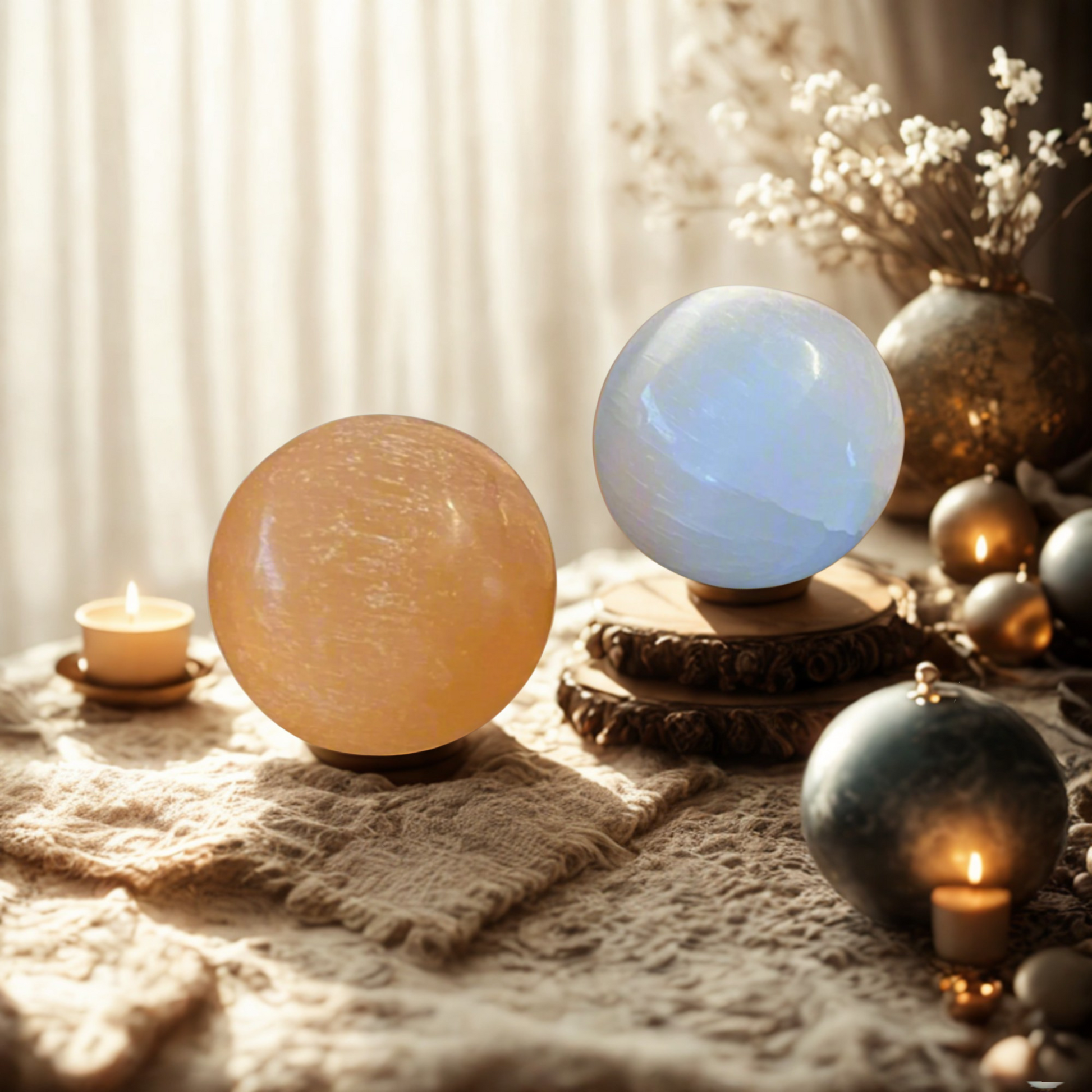 Selenite sphere crystal 4cm with acrylic stand, energy cleansing crystal ball for meditation, spiritual decor and crystal charging