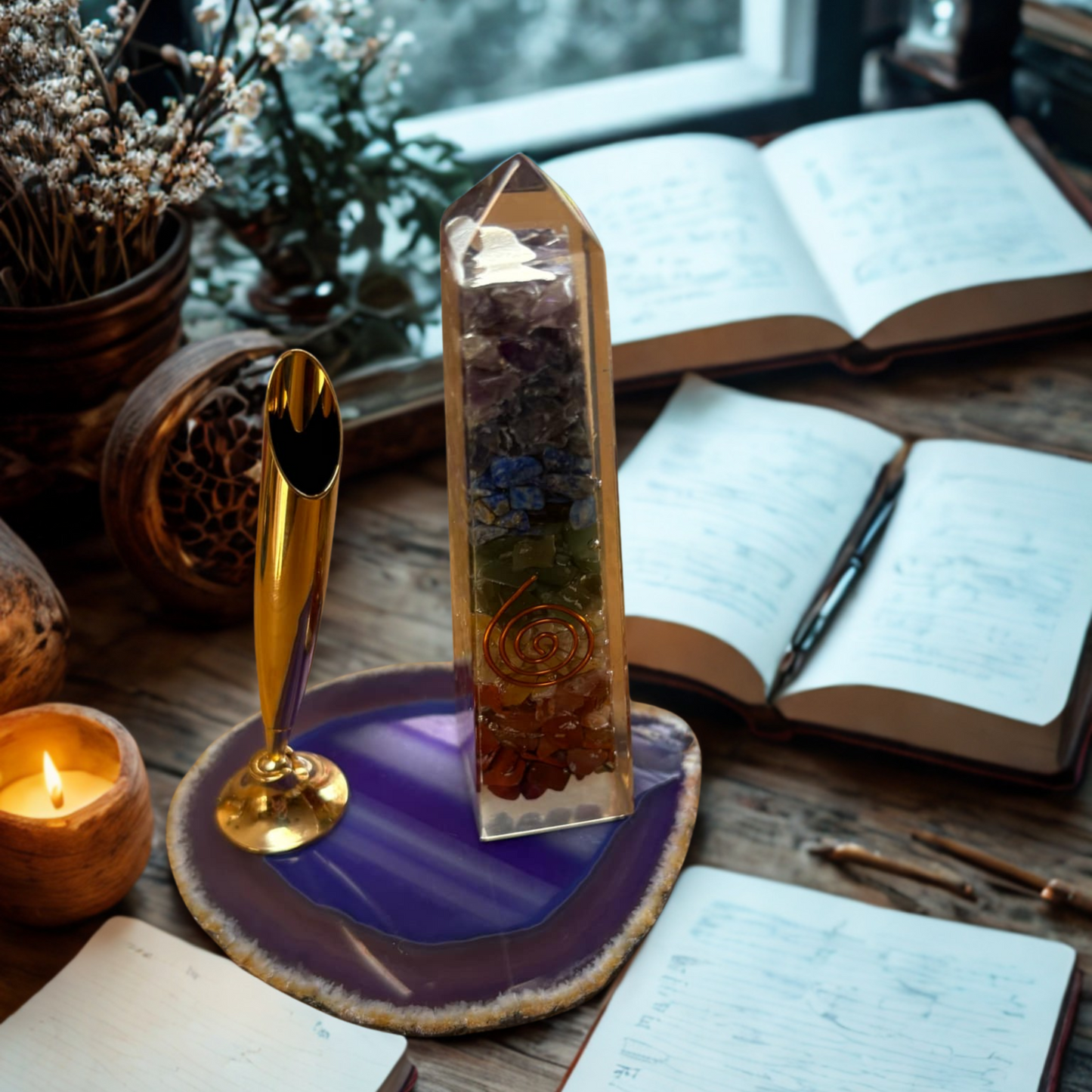 Orgonite Obelisk on a purple agate slice with pen holder, with books, candle, and pen in the background 