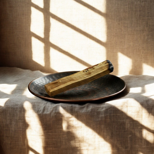 Palo santo stick being used in a cleansing ritual, creating a calm and peaceful meditation space