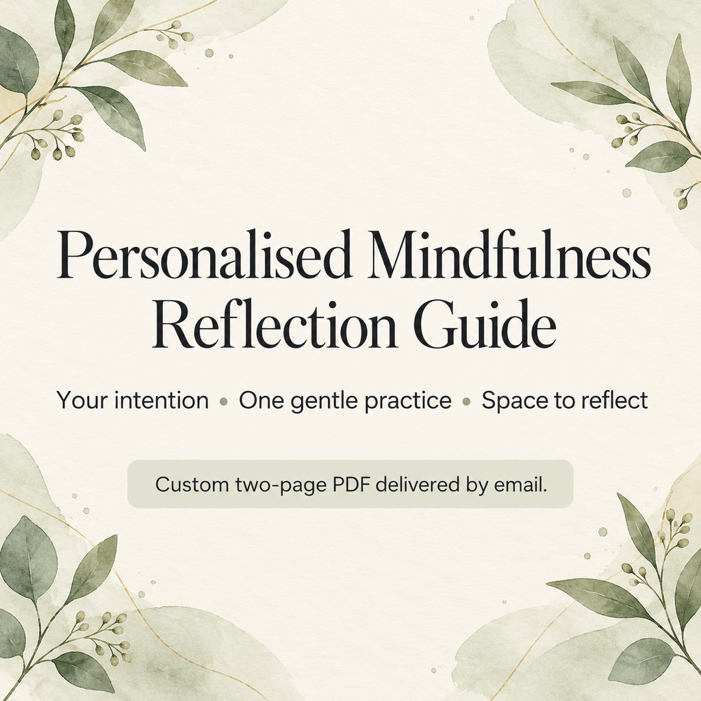 Personalised Mindfulness Reflection Guide with sage botanical border. Custom two-page PDF delivered by email, offering one gentle practice and space to reflect.