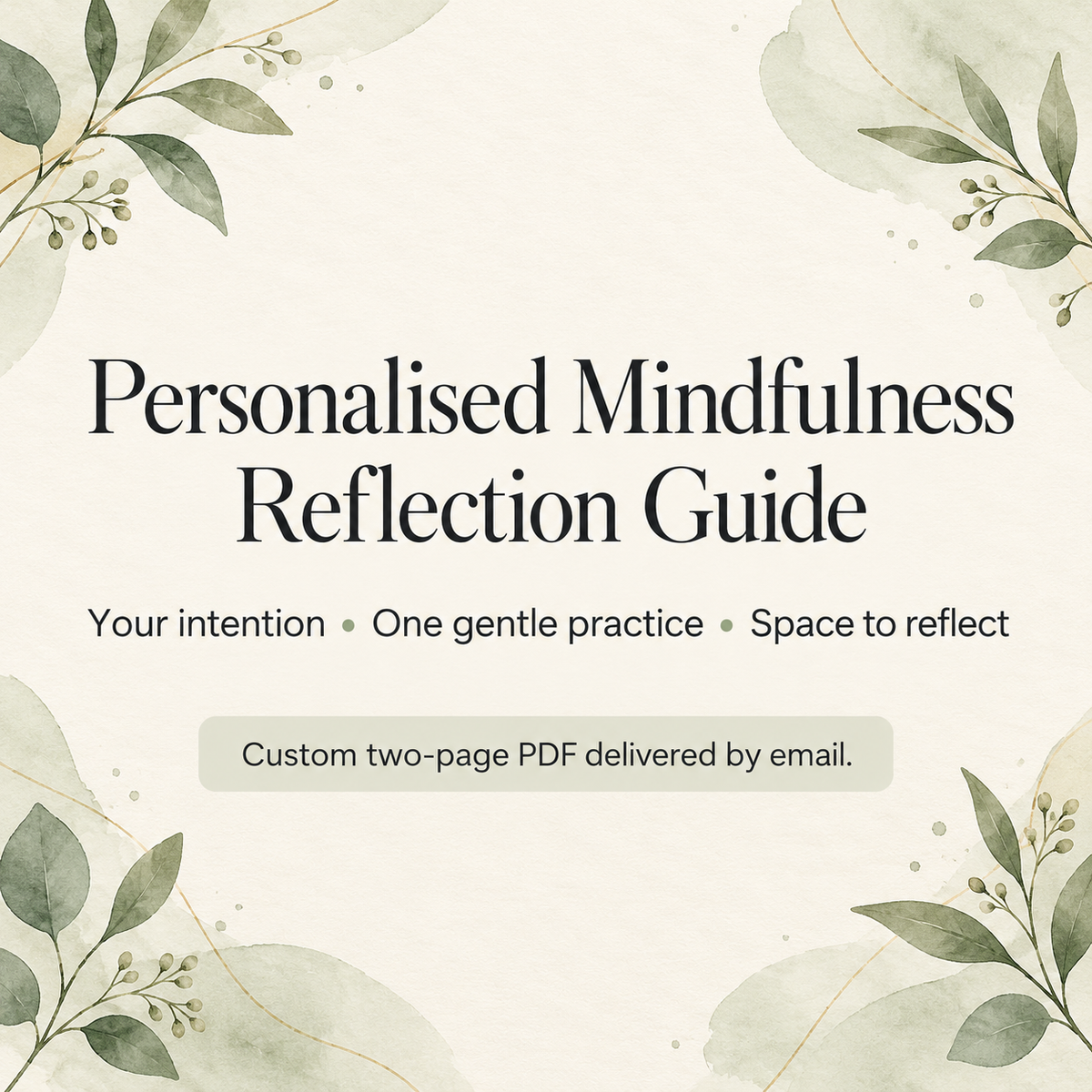 Personalised Mindfulness Reflection Guide with sage botanical border. Custom two-page PDF delivered by email, offering one gentle practice and space to reflect.
