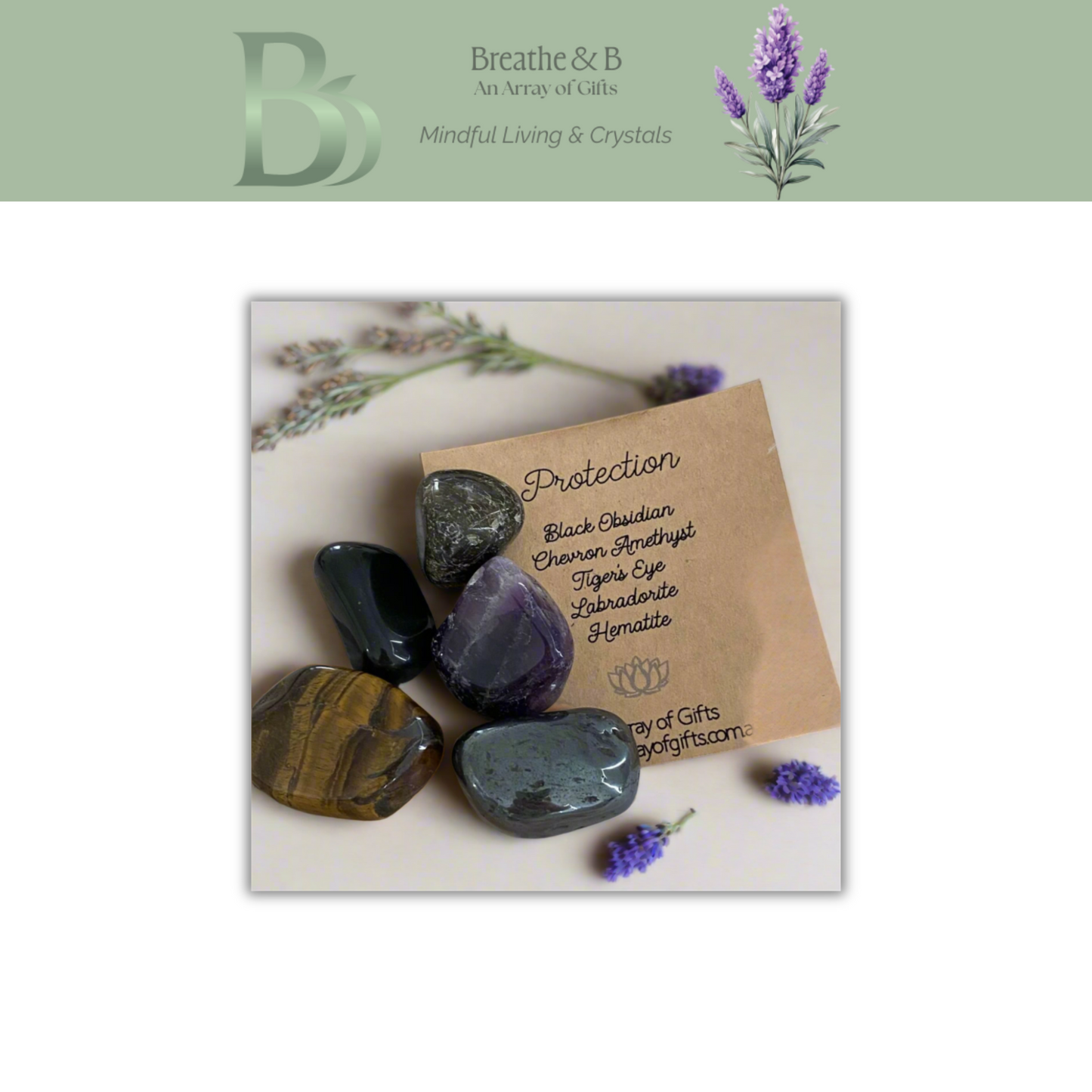 Protection and grounding crystal tumble stone kit displayed with Breathe and B branding
