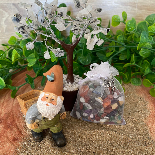 Rainbow Moonstone Fairy Tree, Gnome with Wheelbarrow and bag of Crystal Chips with Fairy