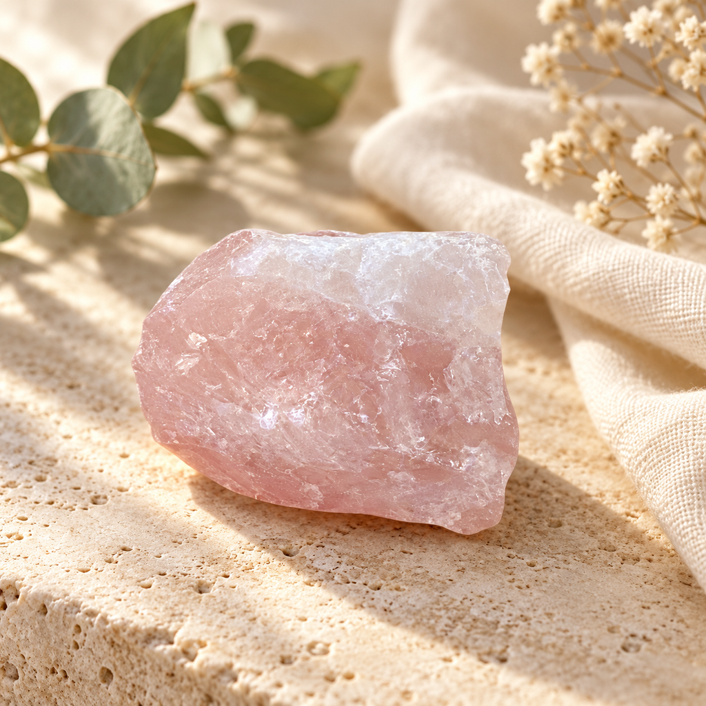 Rough pale pink rose quartz chunk with natural crystalline texture, styled on travertine with ivory linen and eucalyptus.