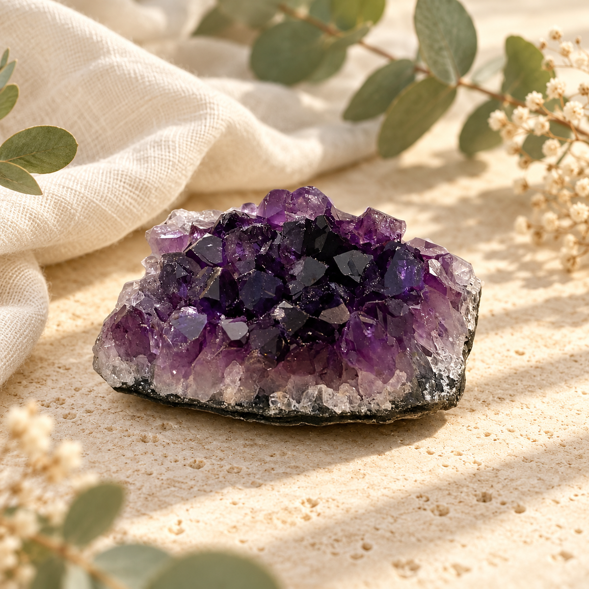 Raw purple amethyst crystal cluster styled on warm beige travertine with soft ivory linen and natural botanical accents.