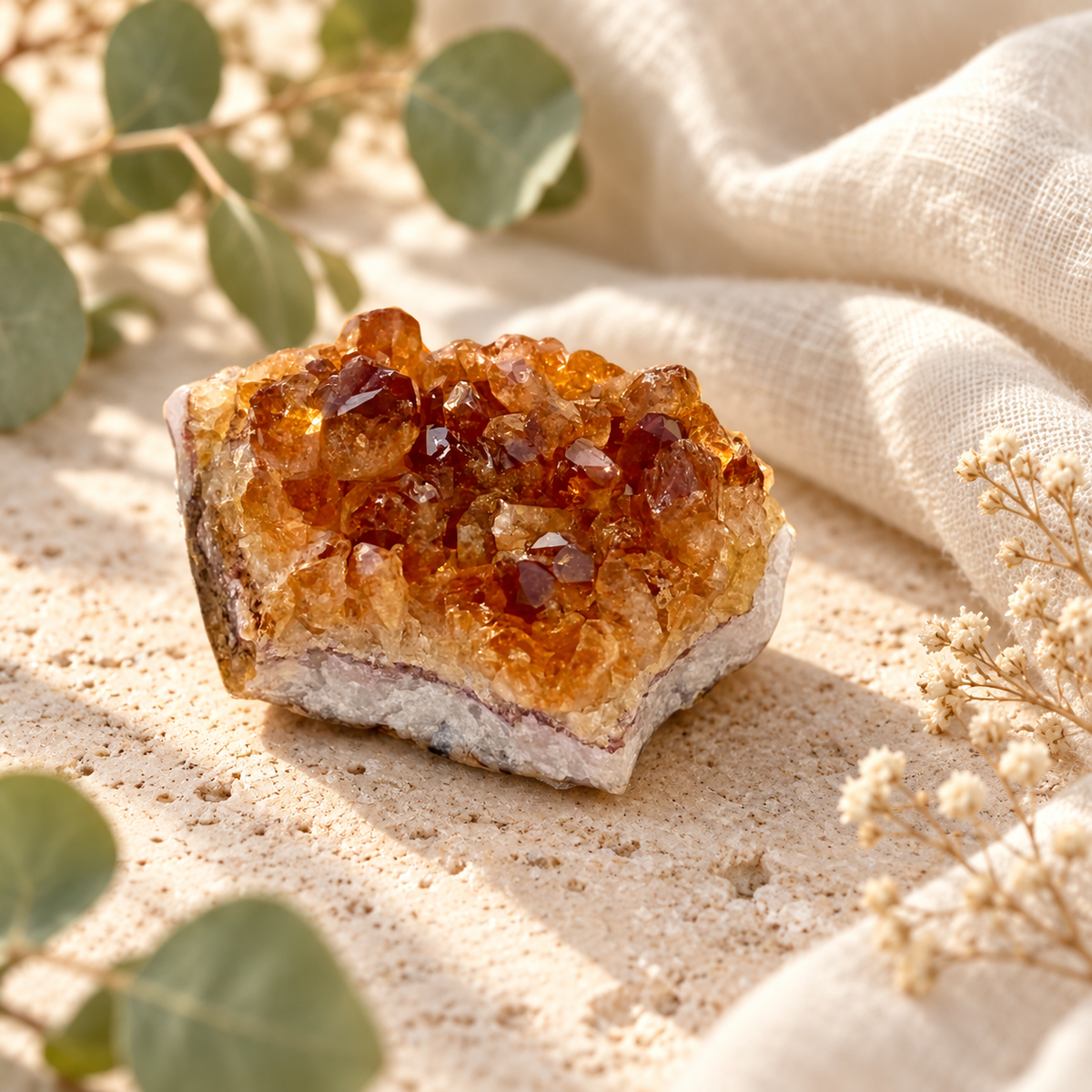 Raw golden citrine crystal cluster displayed on pale travertine with ivory linen, eucalyptus and neutral dried flowers.