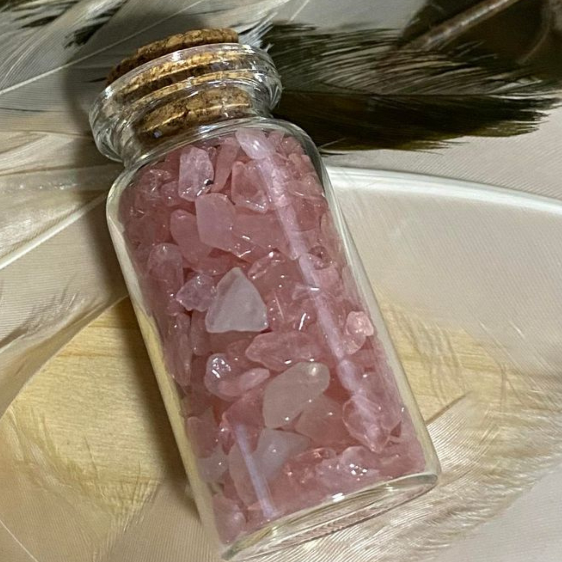 Rose Quartz Crystal Chips in Small Glass Bottle