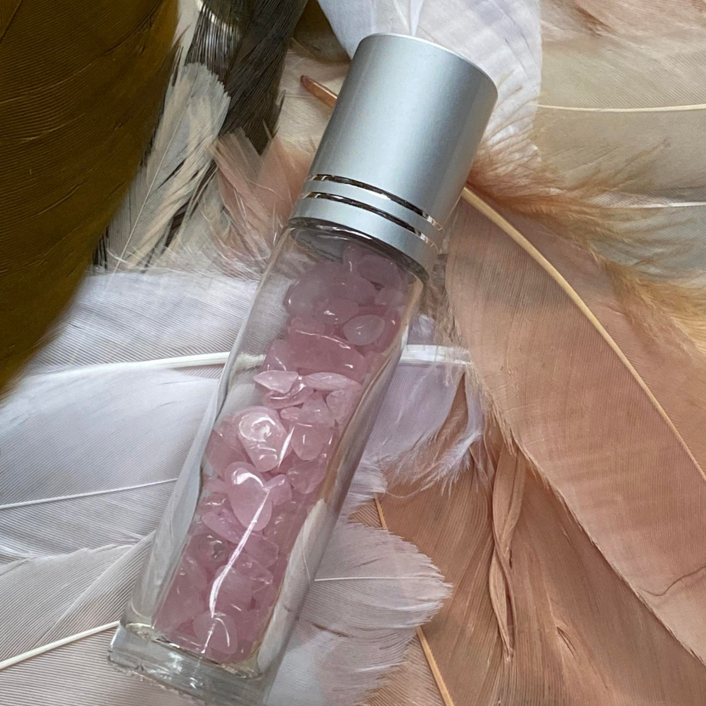 Essential Oil Roller Bottle with Rose Quartz Crystal Chips