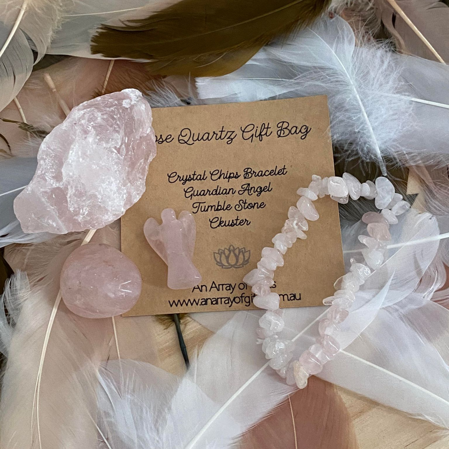 Rose Quartz Gift Bag with Crystal Chip Bracelet,Guardian Angel, Tumble Stone and Cluster.