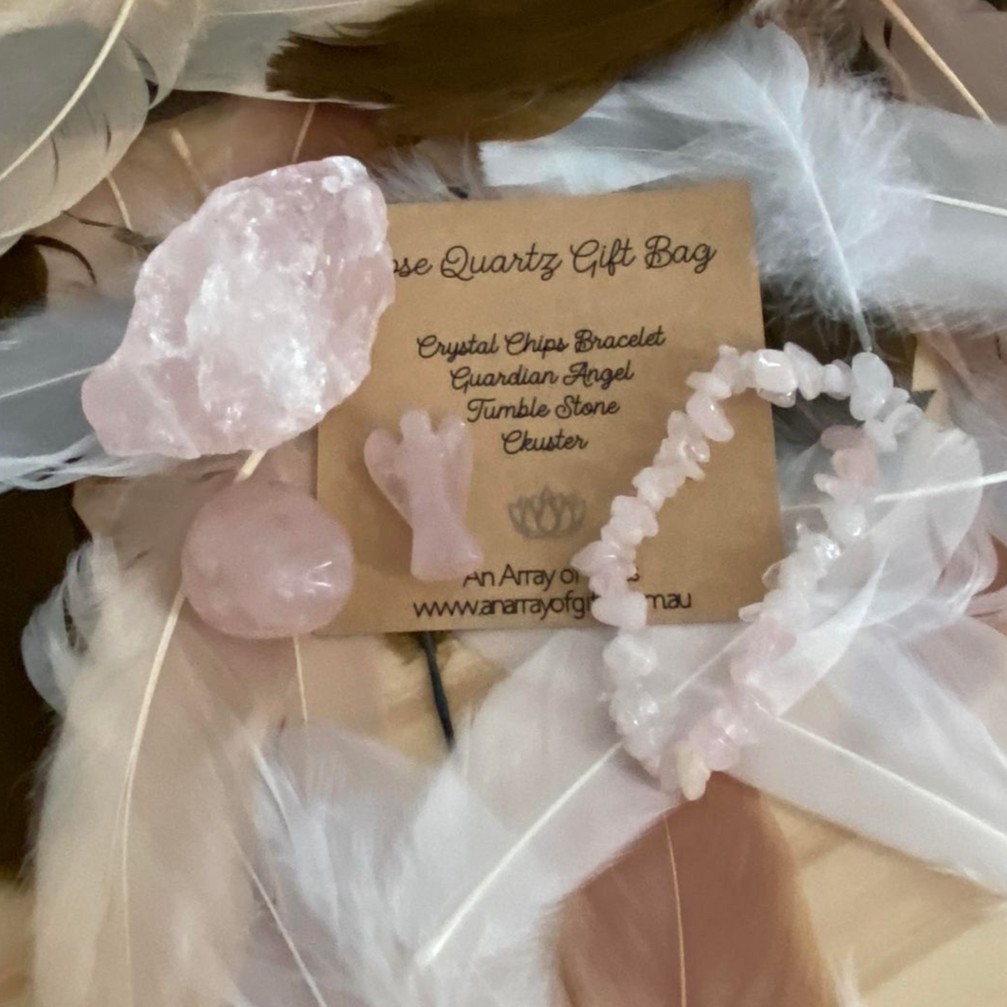 Rose Quartz Gift Bag with Crystal Chip Bracelet,Guardian Angel, Tumble Stone and Cluster.