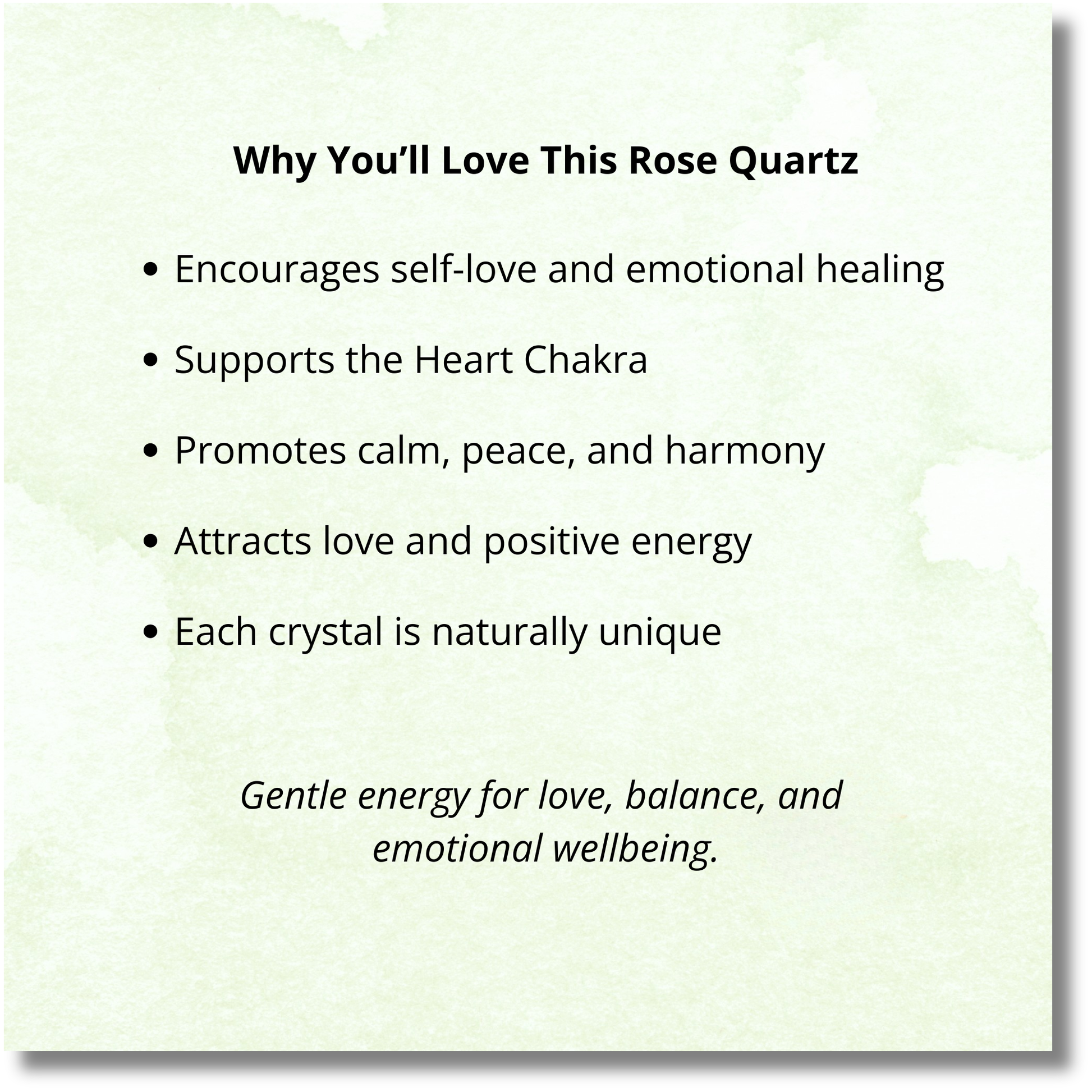 Text list detailing the benefits of rose quartz on a light green background