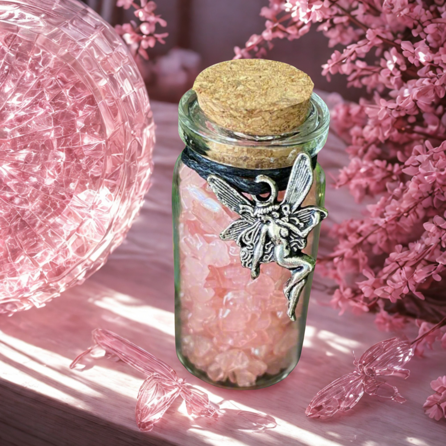 Glass jar with cork lid containing pink crystal chips  and a fairy figurine, surrounded by pink decorative elements.