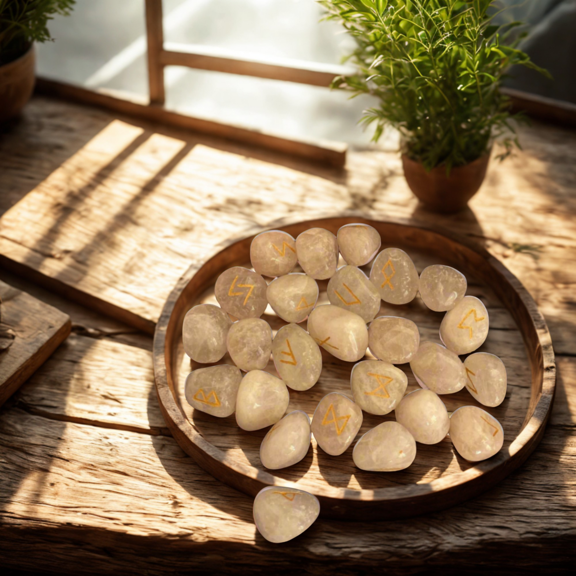 Round wooden tray with crystal rose quartz runes inscribed with symbols on a wooden surface with plants in the background