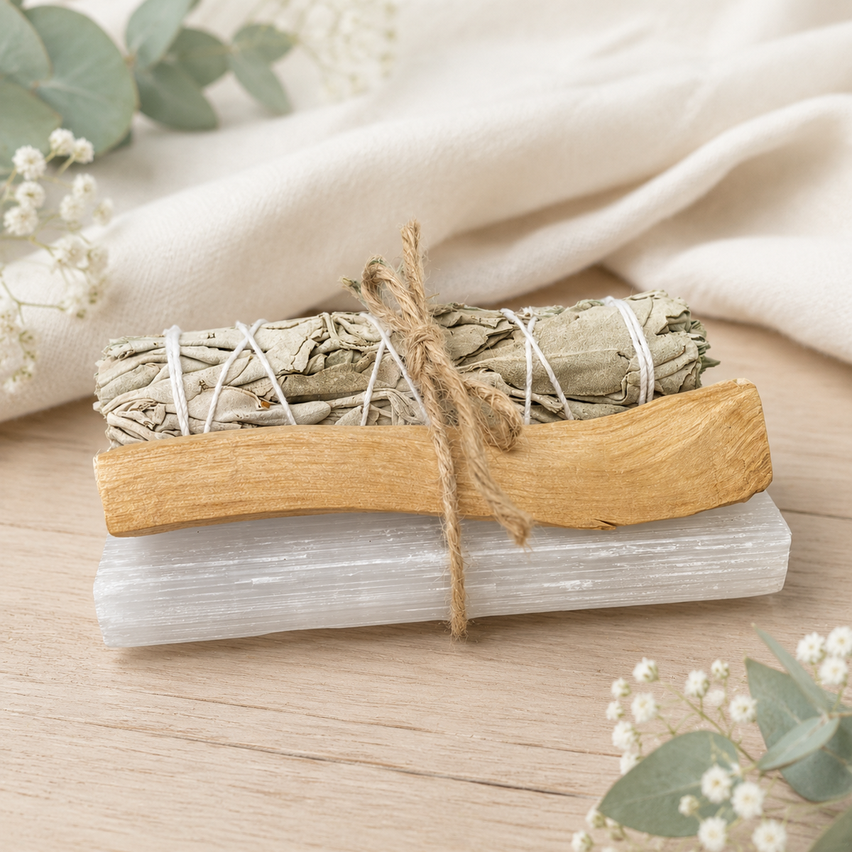 A bundled sage smudge stick tied with twine, resting on a selenite rod and palo santo stick, styled on a wooden surface with soft fabric and eucalyptus leaves.
