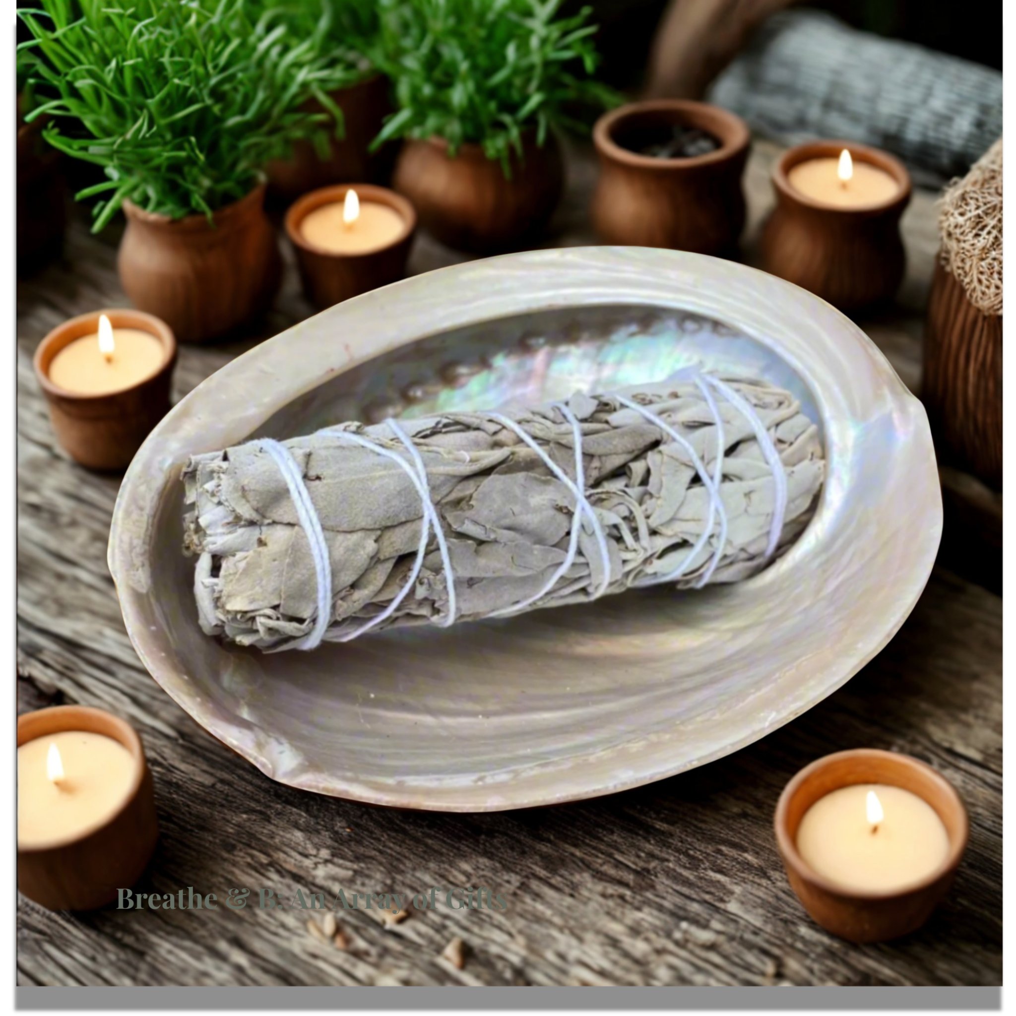 Sage bundle on aabalone shell with candles and plants in the background