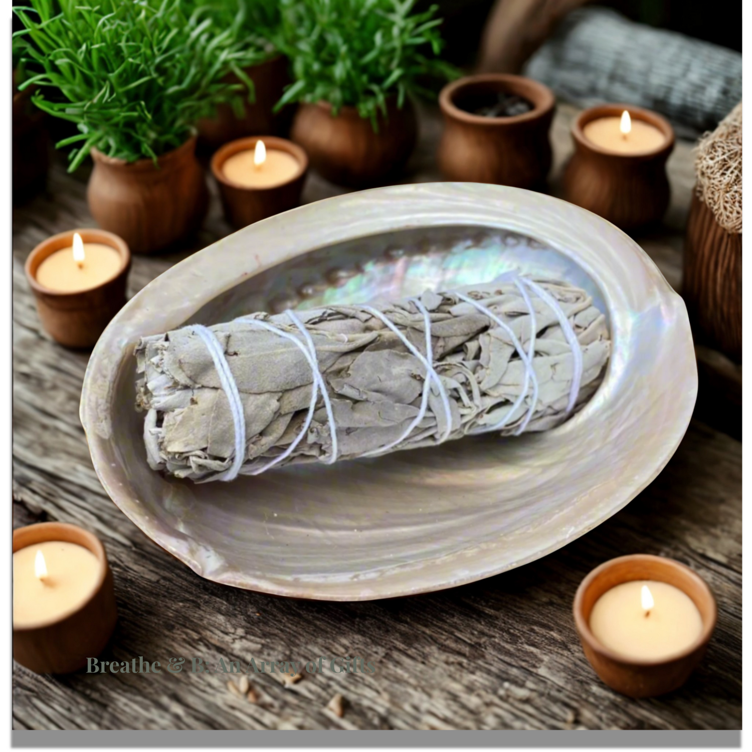Sage bundle on aabalone shell with candles and plants in the background