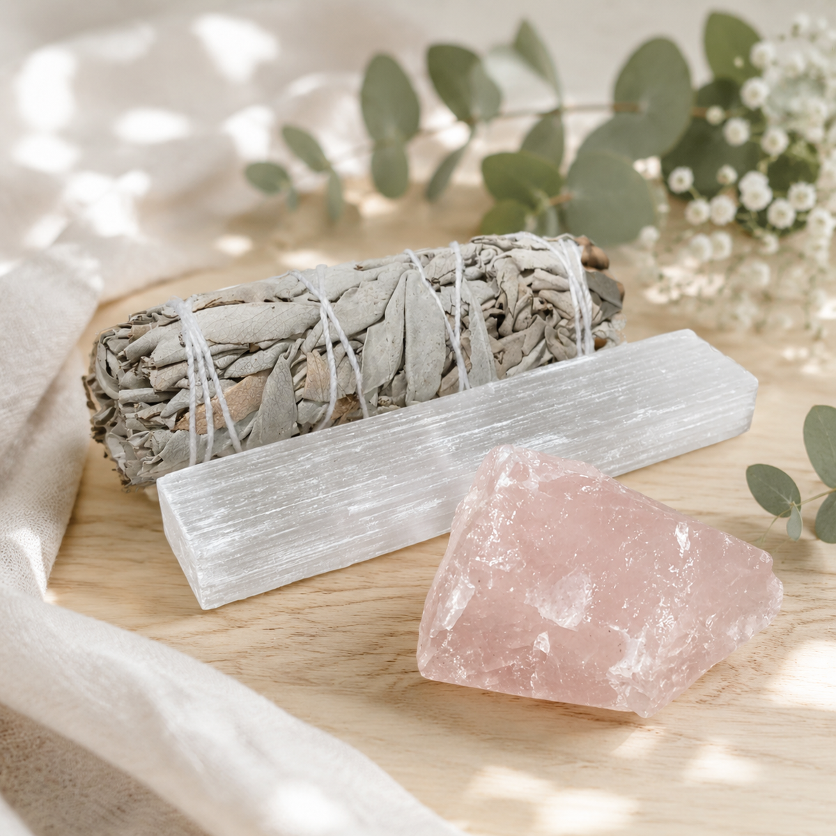 A natural white sage smudge bundle tied with white string, a clear rectangular selenite wand, and a pink rose quartz crystal arranged on a light wood surface with soft fabric and eucalyptus leaves in the background.
