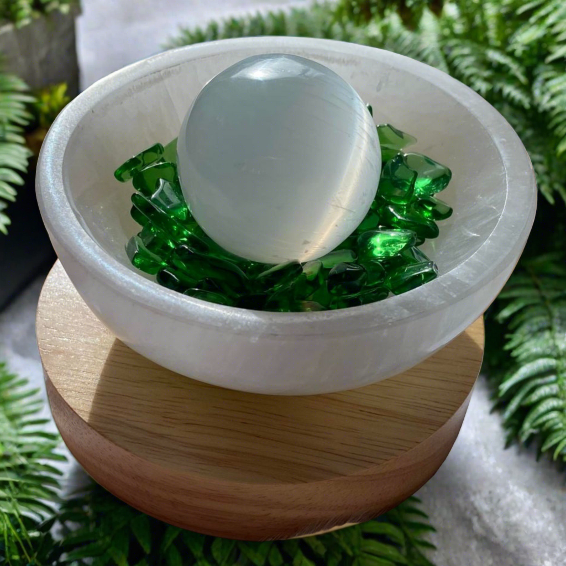 Selenite Bowl, Sphere and Green Obsidian Crystals with Free USB LED Light Base