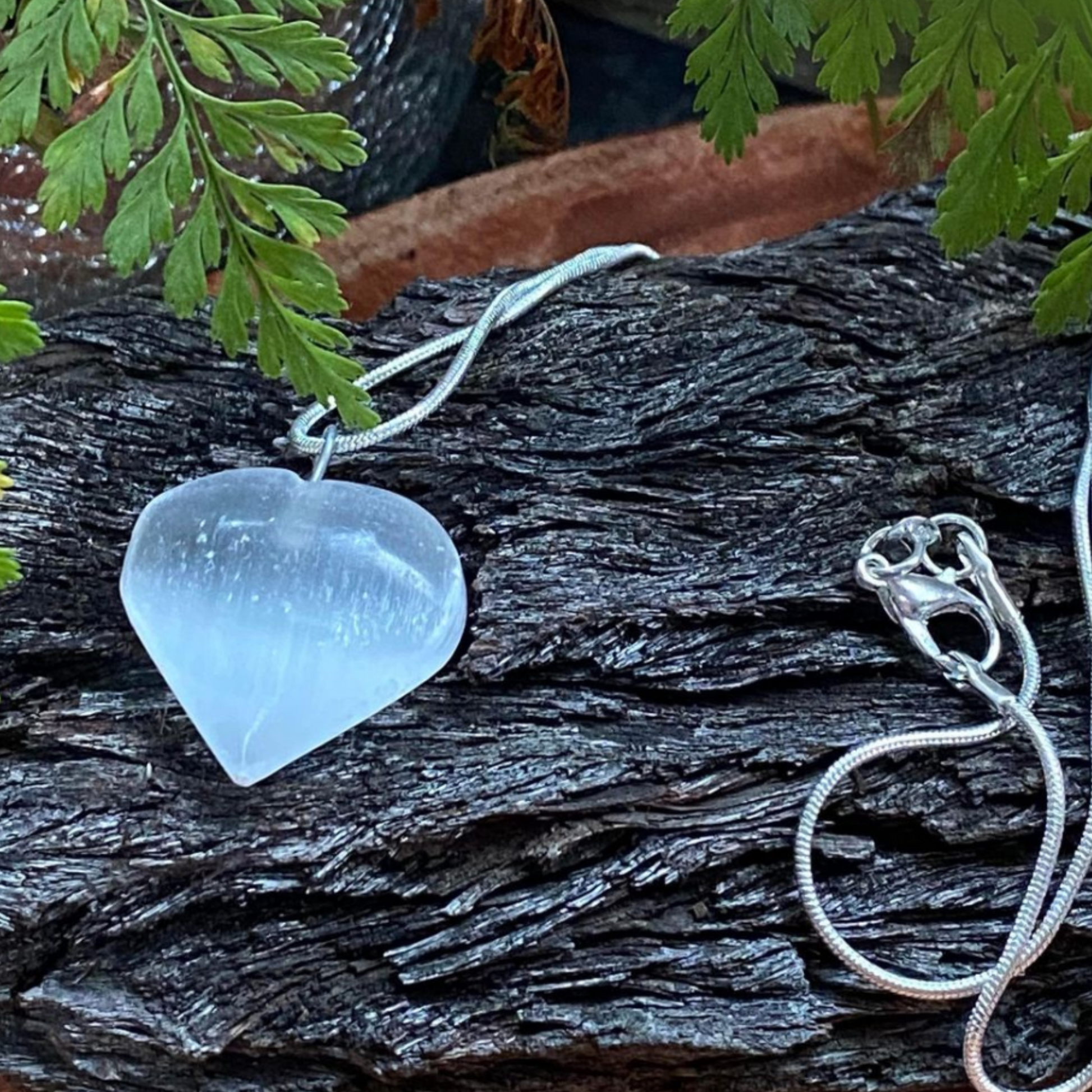 Selenite Heart Pendant with Sterling Silver Necklace