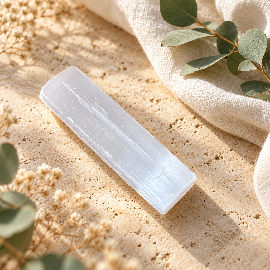 White selenite rod with natural fibrous striations displayed on warm beige travertine with soft linen and neutral botanicals.