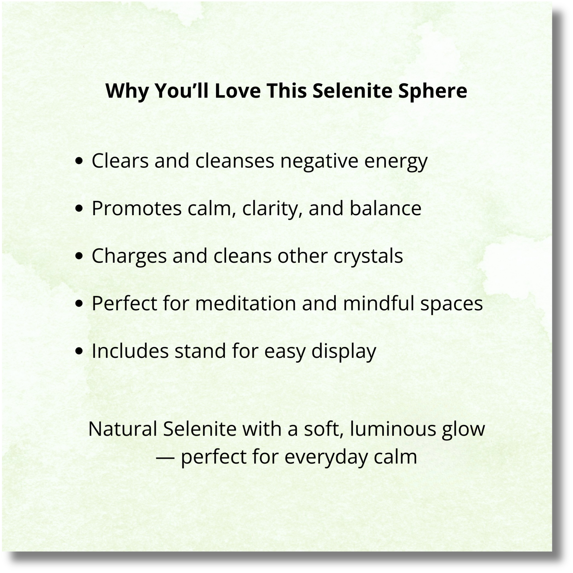 List of benefits for a Selenite sphere on a light green background