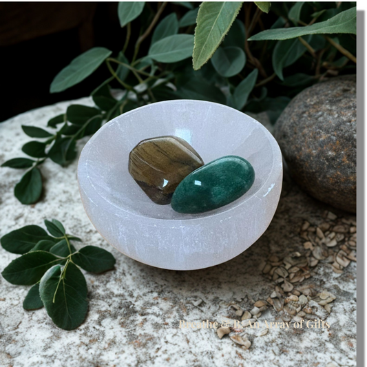Selenite bowl with aventurine and tigers eye tumble stones on a light surface, with greenery.
