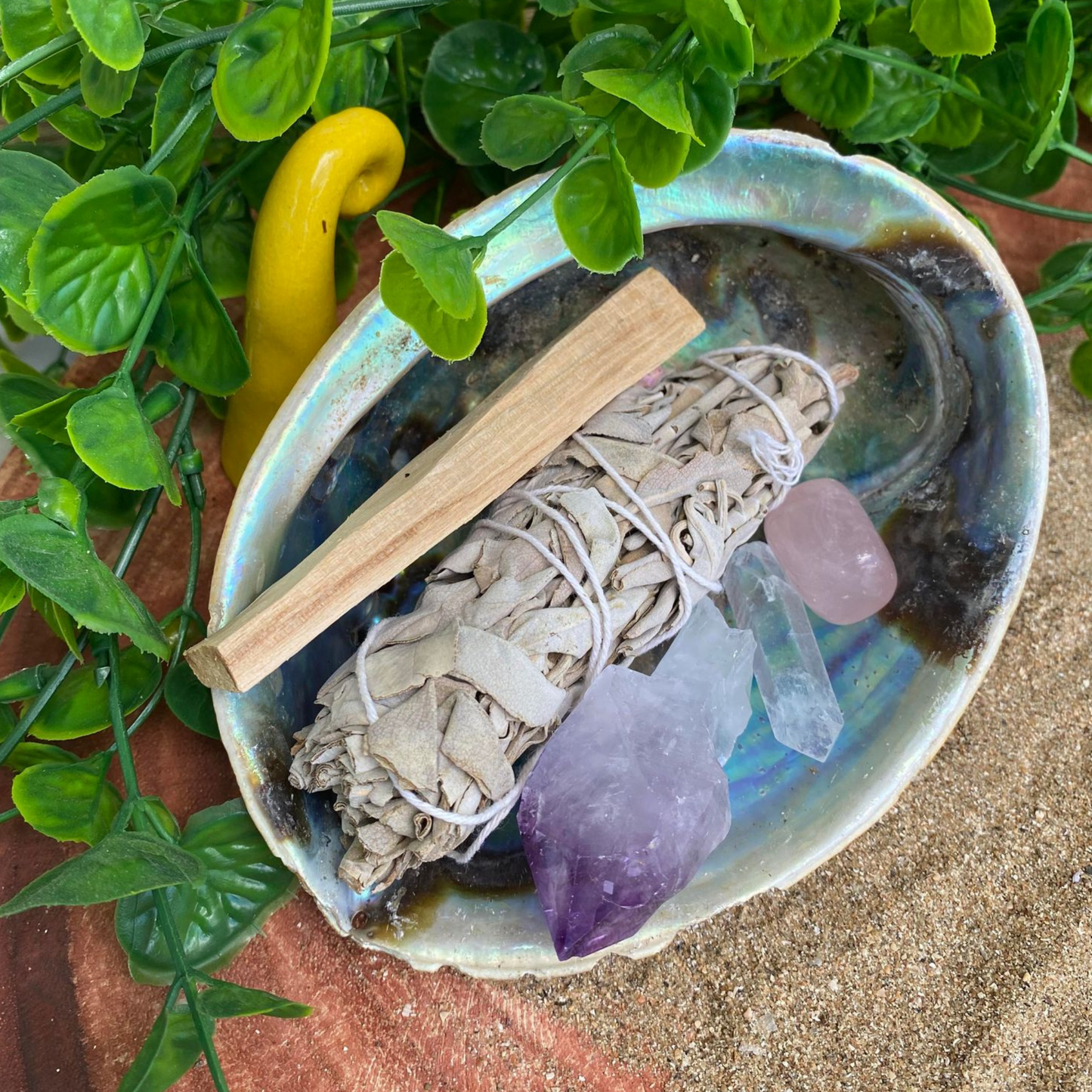 Amethyst Point, Clear Quartz Crystal Point, Rose Quartz Tumbled Stone, Palo Santo, Sage Smudge stick and Natural Abalone Shell