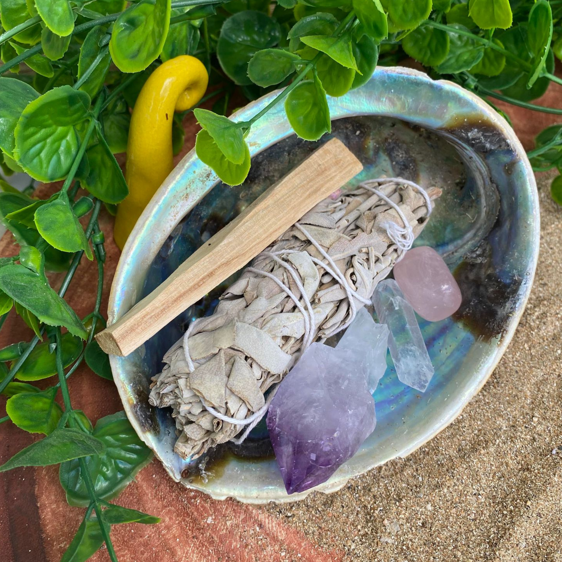 Amethyst Point, Clear Quartz Crystal Point, Rose Quartz Tumbled Stone, Palo Santo, Sage Smudge stick and Natural Abalone Shell