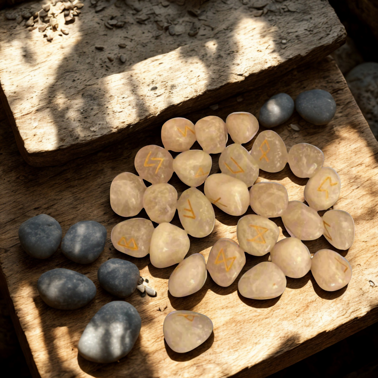 Set of runes with symbols on a wooden surface