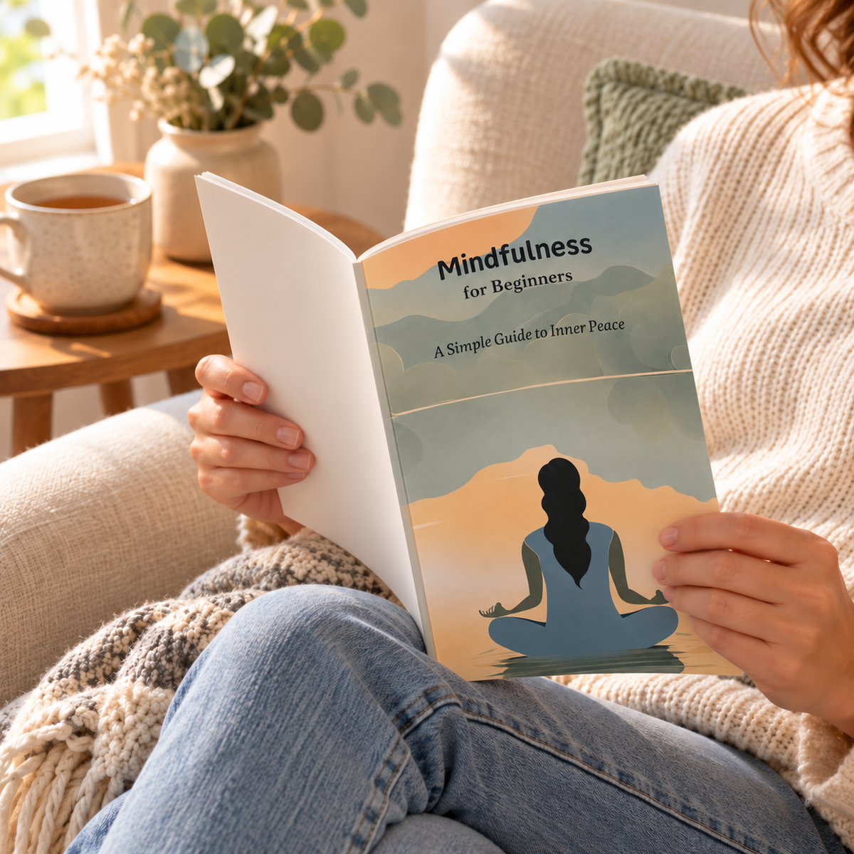 Woman relaxing in an armchair while reading the 36-page Mindfulness for Beginners paperback beside a warm cup of tea.