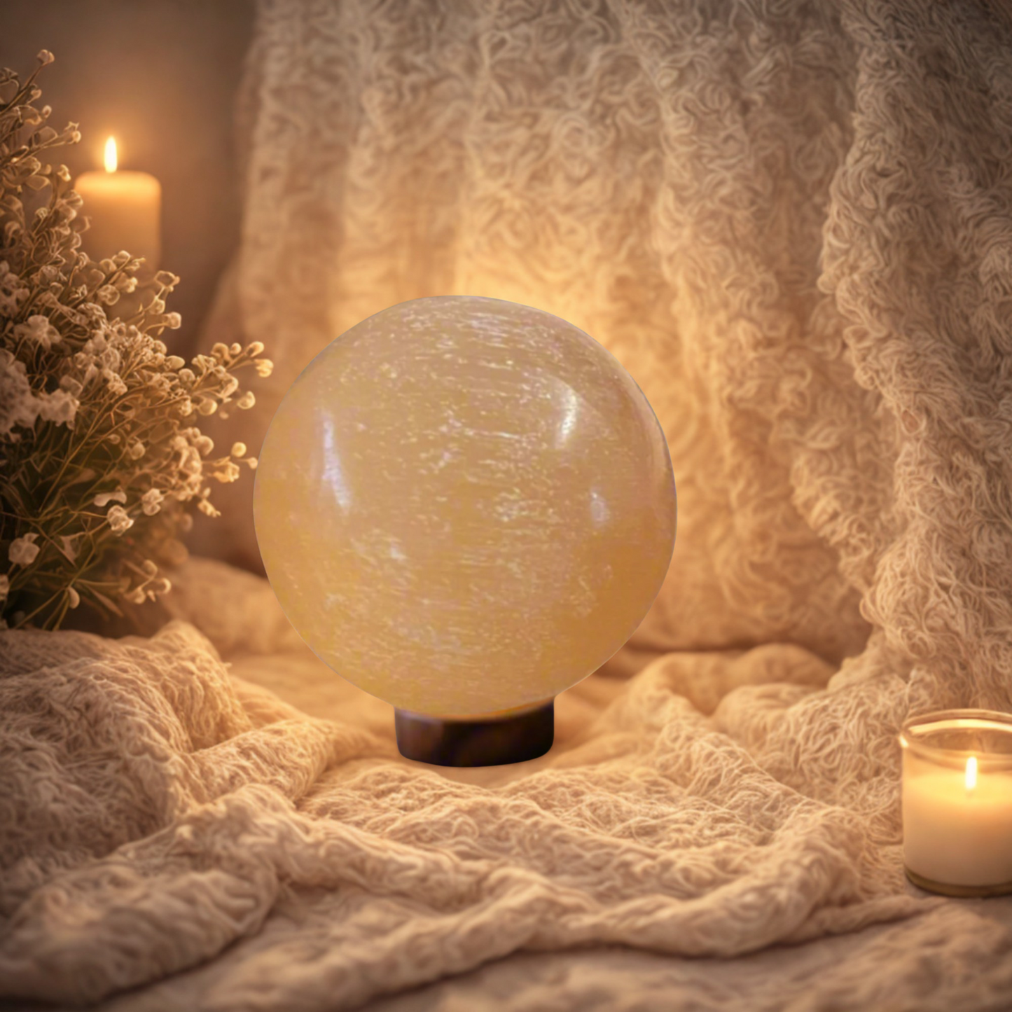 Orange Selenite Sphere on a soft fabric surface with candles and flowers in the background
