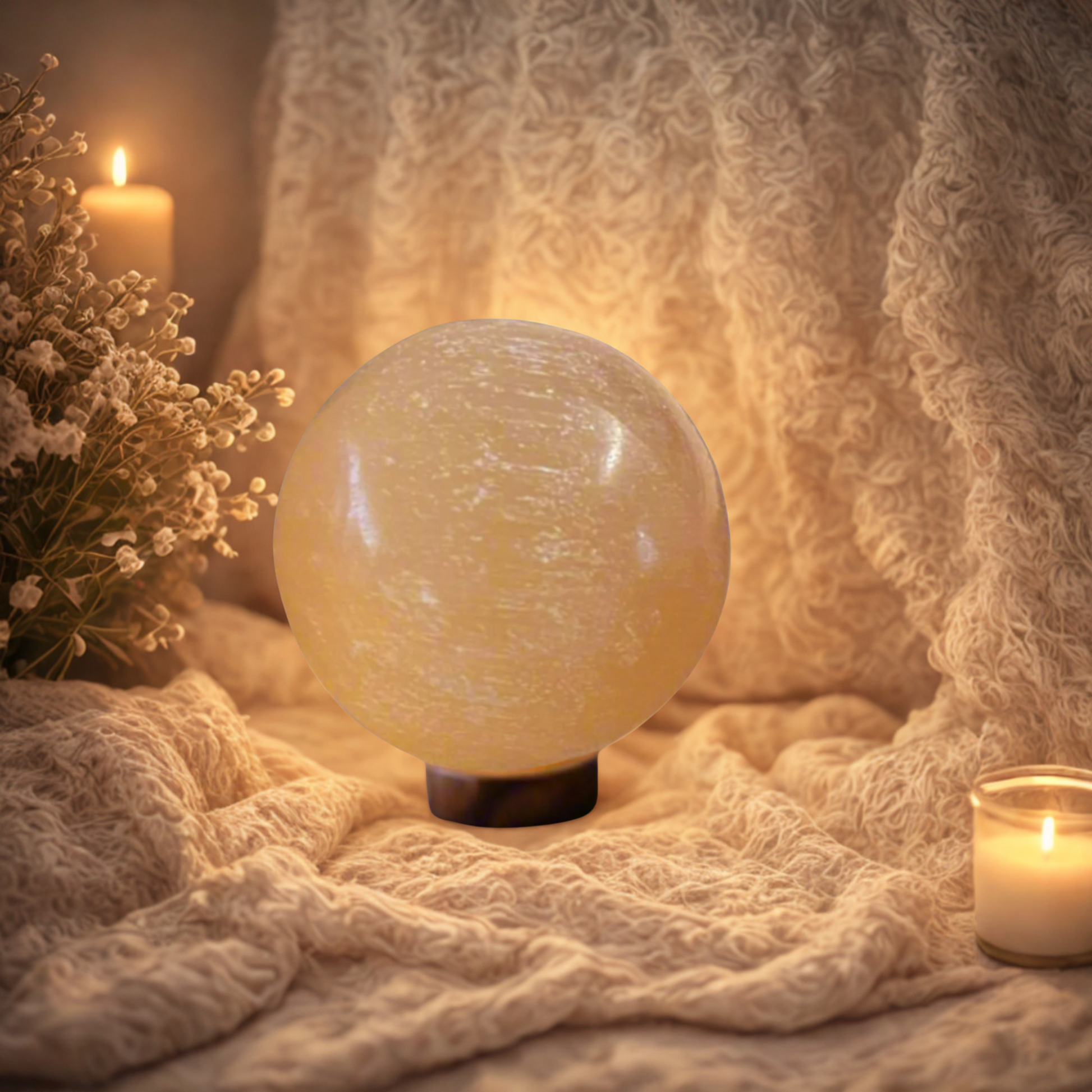 Orange Selenite Sphere on a soft fabric surface with candles and flowers in the background