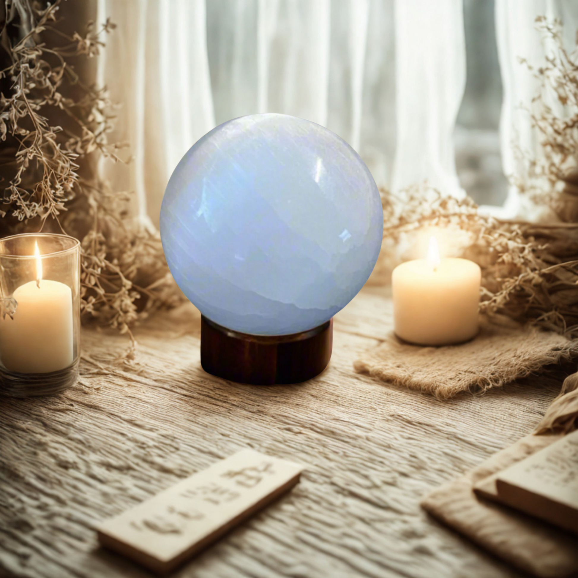 Selenite white sphere on a wooden surface with candles and decorative elements
