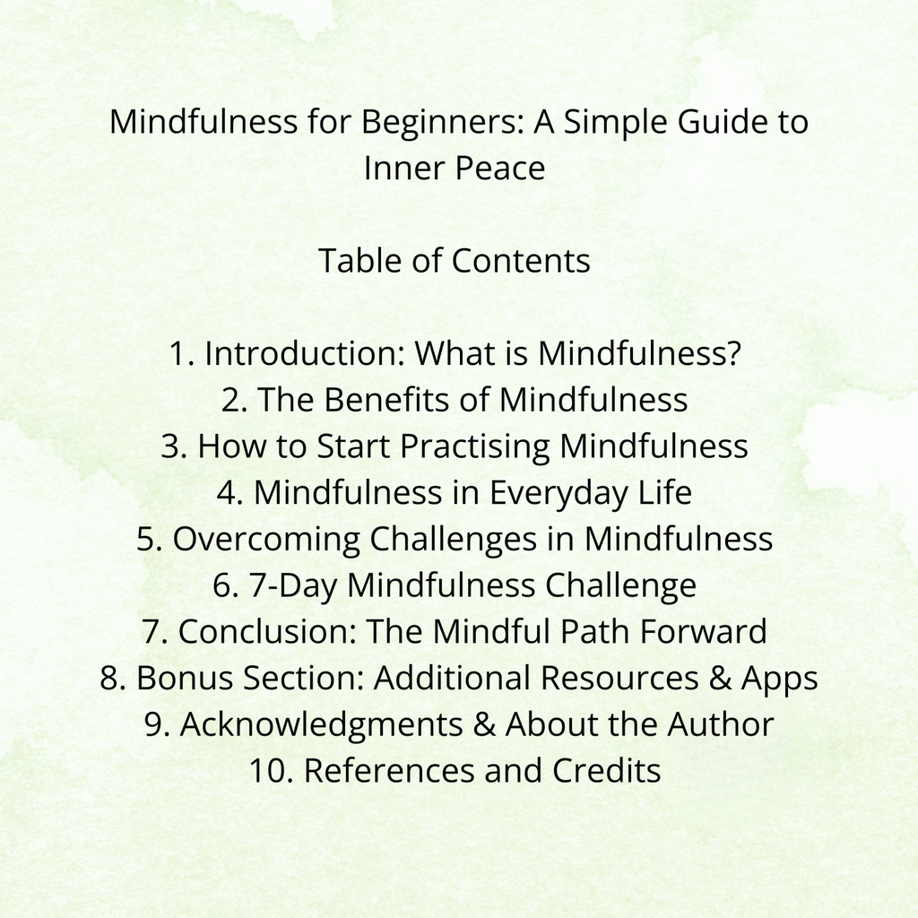 Table of contents for a mindfulness guide on a light green background