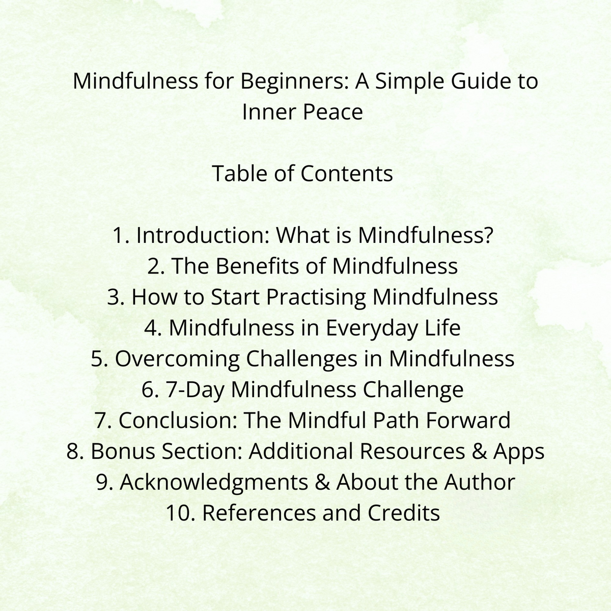 Table of contents for a mindfulness guide on a light green background