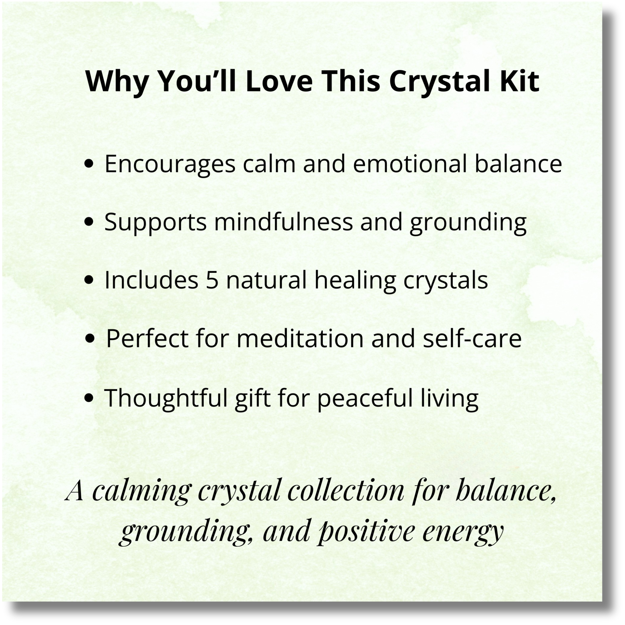 Text describing the benefits of a crystal kit on a light green background