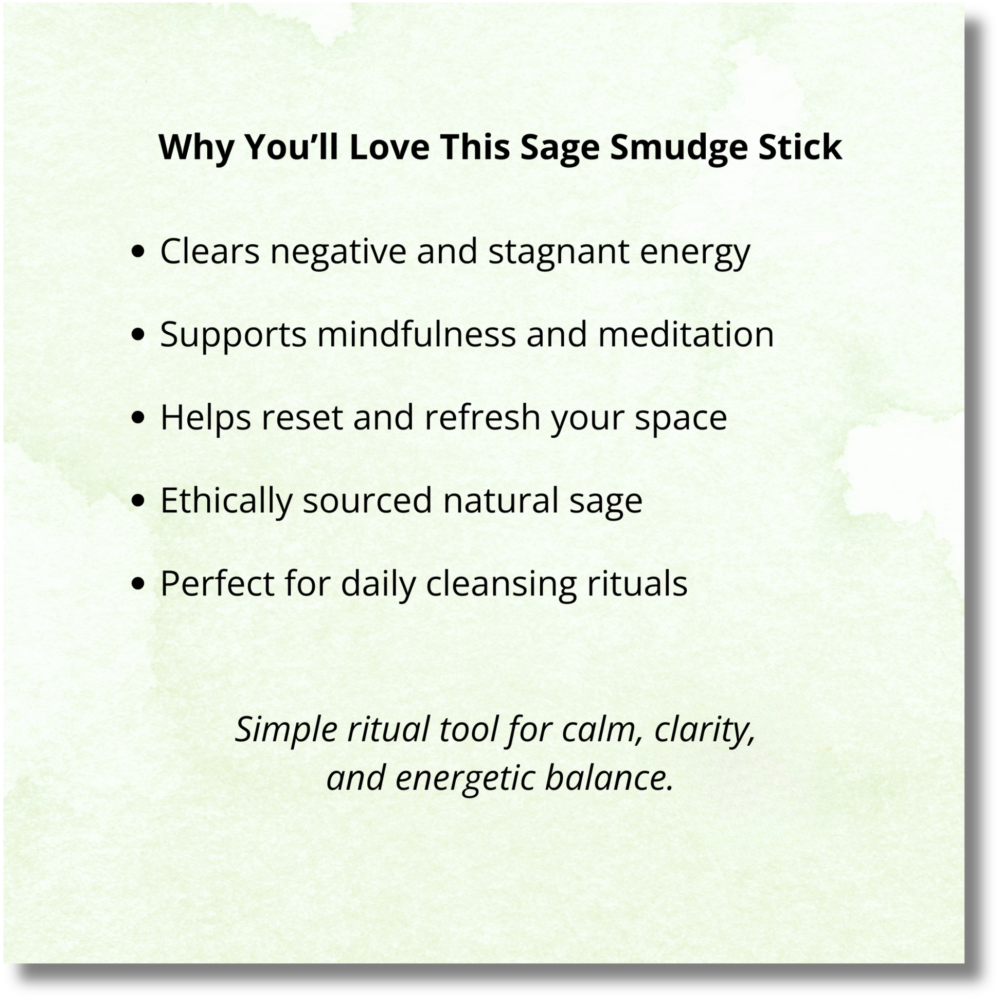 Infographic showing benefits of sage smudge stick including energy cleansing, mindfulness, meditation support and spiritual purification.