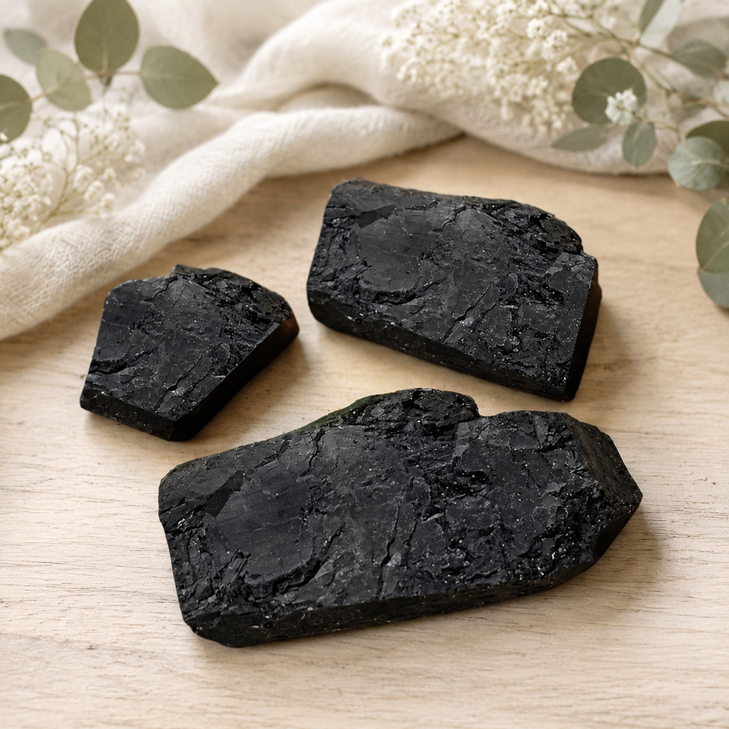 Three raw black tourmaline clusters with a textured, crystalline surface are arranged on a light wood surface with a cream linen cloth and dried white flowers in the background.